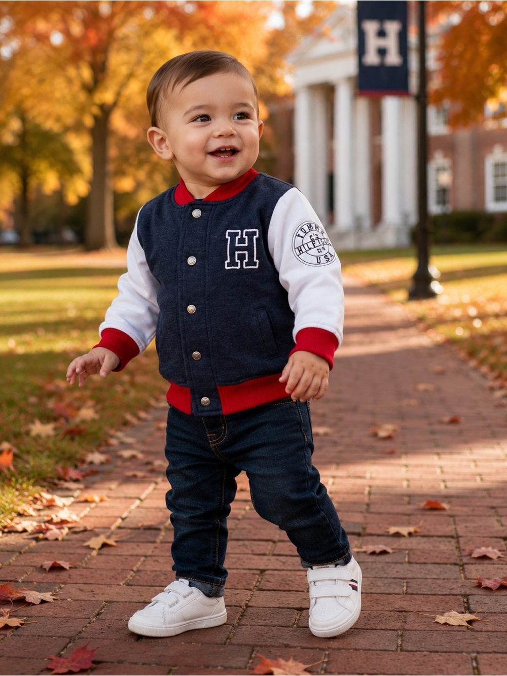 Tommy Hilfiger Baby Varsity Jacket 12M Letterman Snap Front Blue Red